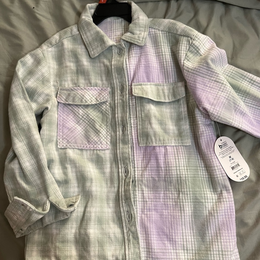 Plaid Button-Up Shirt  jacket in Green and Purple